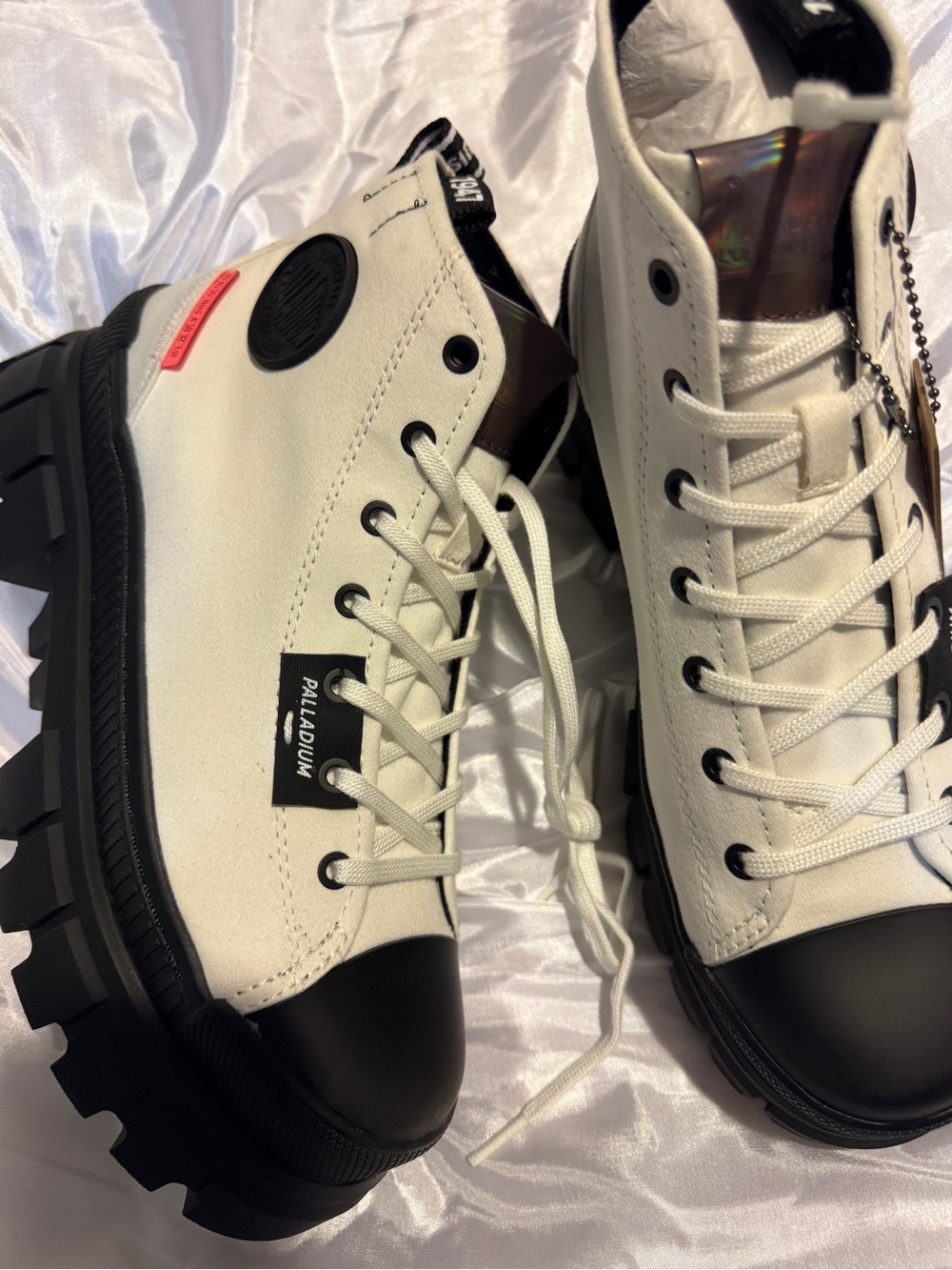 Palladium White Canvas High-Top Lace-Up Boots with Black Lug Sole